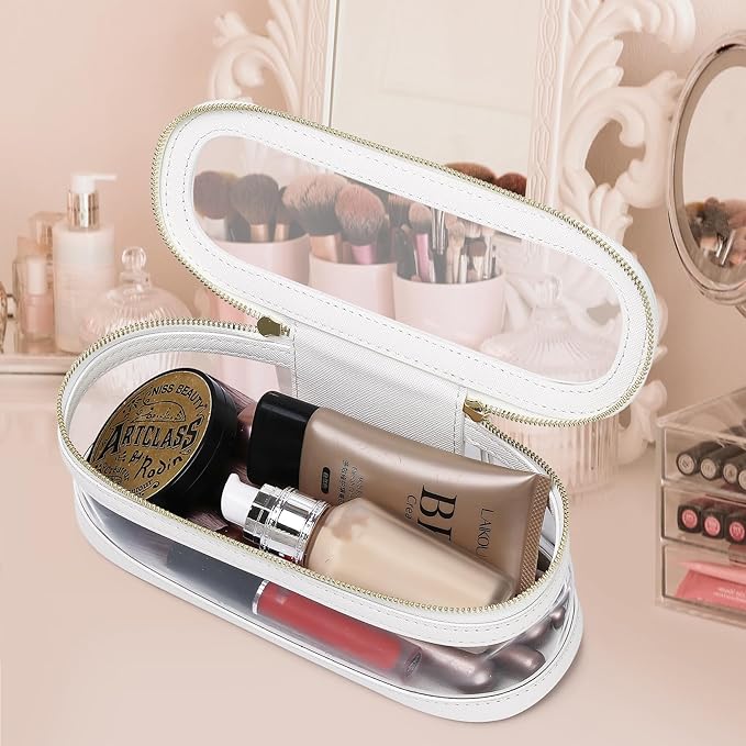 Pinkmik Makeup Brush Case Clear Travel Cosmetic & Toiletry Bag Slim Makeup Bag with Zipper Small Purse Organizer Car Essential Bag for Women (White, SLIM-2)