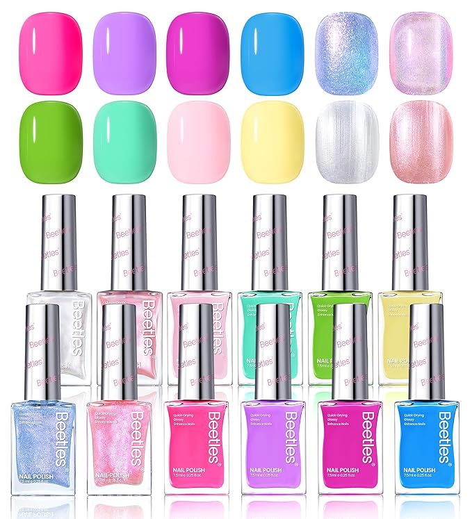 Beetles Nail Polish Set 12 Colors Neon Hot Pink Green Blue Yellow Purple Quick Dry Nail Polish Kit Air Dry Fingernail Pastel Nail Lacquer DIY Travel Home