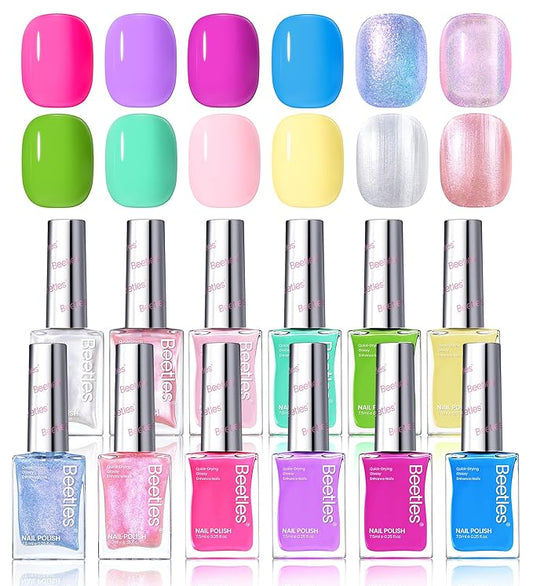 Beetles Nail Polish Set 12 Colors Neon Hot Pink Green Blue Yellow Purple Quick Dry Nail Polish Kit Air Dry Fingernail Pastel Nail Lacquer DIY Travel Home