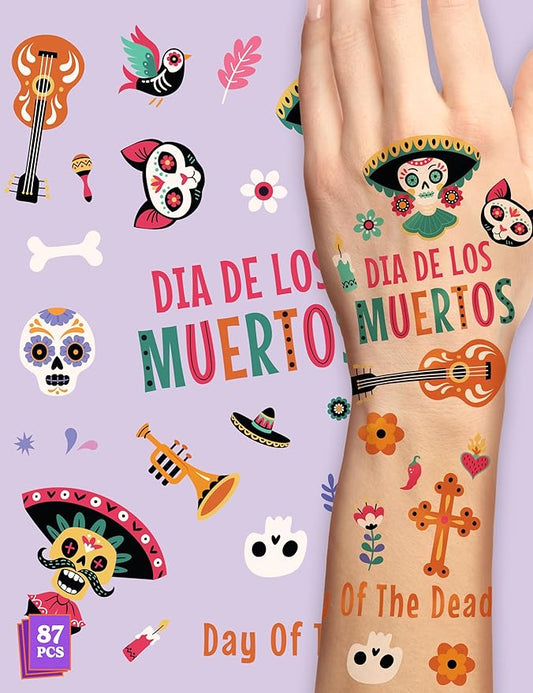 HOUSE OF PARTY Halloween Tattoos for Kids - Pack of 87 - Dia de los Muertos Tattoos for Kids - Non-Toxic Waterproof Stickers for Boys and Girls - Ideal for Halloween Party Favors and Decorations!