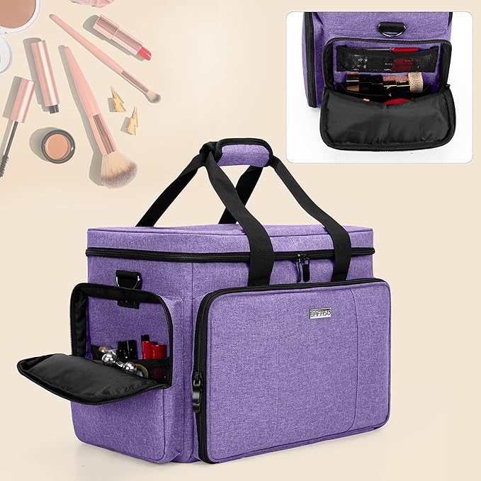 BAFASO Large Makeup Bag Cosmetic Bag with Removable Dividers, Travel Makeup Case Holds Cosmetics and Hair Supplies, Purple