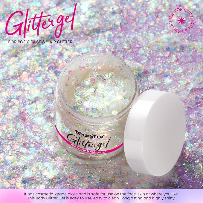 Teenitor Body Glitter, Face Glitter, White Glitter, 80g/2.8oz Face Body Glitter, Hair Glitter Gel, Rave Glitter, Mermaid Makeup Glitters for Kids
