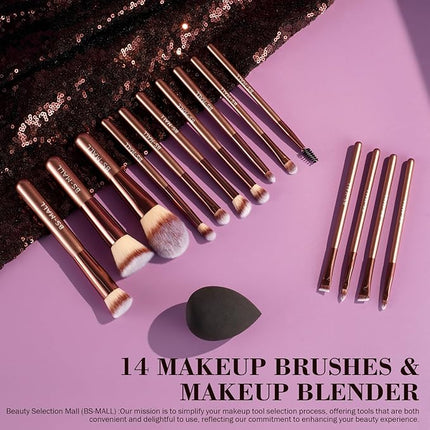 BS-MALL 14 Pcs Makeup Brushes Set with 1 Pcs Makeup Sponge – Essential Foundation Powder Concealers, Eye Shadows, Blush Makeup Brushes with Travel Makeup Case (Coffee)