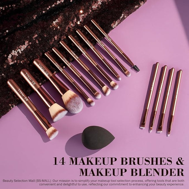 BS-MALL 14 Pcs Makeup Brushes Set with 1 Pcs Makeup Sponge – Essential Foundation Powder Concealers, Eye Shadows, Blush Makeup Brushes with Travel Makeup Case (Coffee)