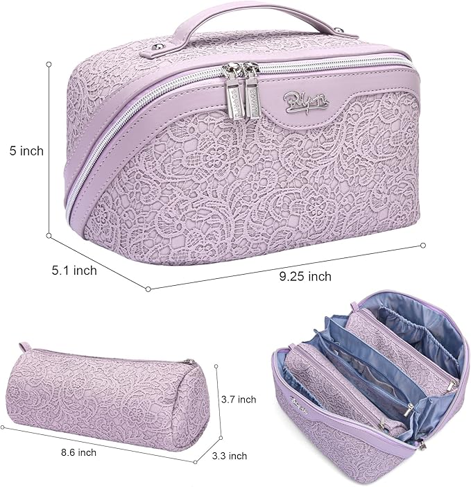 BOYATU Travel Makeup Bags for Women: Vegan Leather Cosmetic Bag Set of 3 - Large Capacity Make up Bag with Divider - Wide Open Waterproof Toiletry Organizer Bag with Handle (L12-Violet)