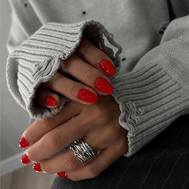 Light Red Press on Nails Medium Coffin Fake Nails Press ons, KXAMELIE Full Cover False Nails Tips Medium Length Glue on Nails Natural Thick Long Acrylic Nails 24Pcs Solid Color Coffin Nails for Women