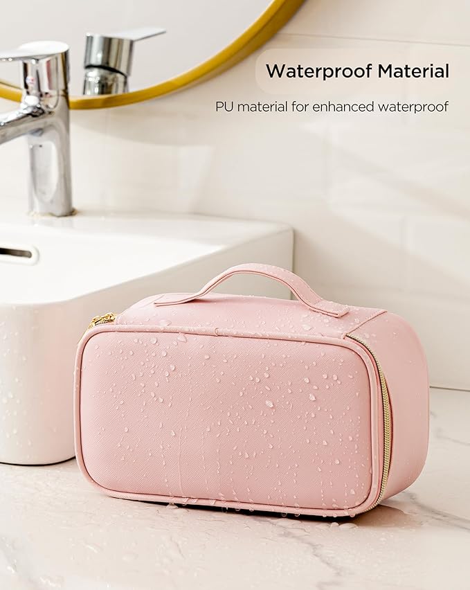 Makeup Bag for Women Small Travel Makeup Bag Organizer Portable Toiletry Bag Cute Makeup Bags Waterproof Leather Cosmetic Bag Makeup Case with Handle, Pink