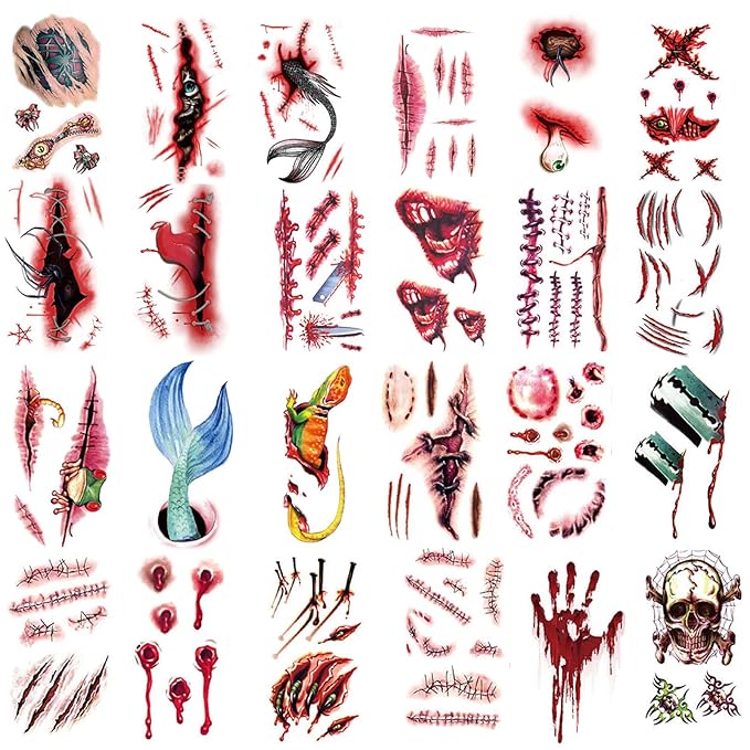 24 Sheets Fake Scar Halloween Tattoos Temporary, Waterproof Zombie Makeup Kit Stickers with Realistic Scary Bloody Wound Scratches Stitches for Women Men Adults Party, Costume, Prank Props