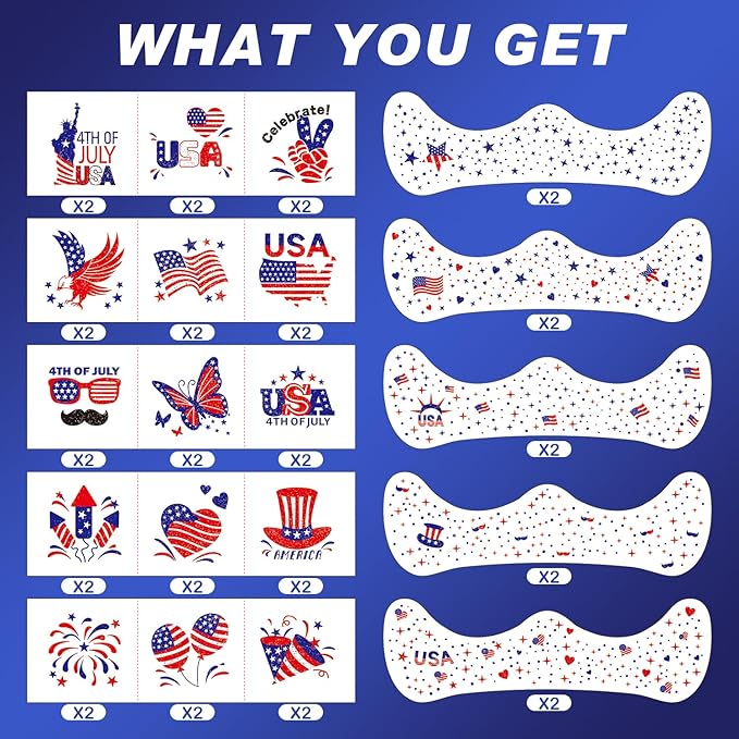 20 Pcs Blue Red and White Glitter Freckles Face Tattoos, Independence Day Glitter Freckles, Waterproof Temporary Face Tattoos for Women and Kids, USA Patriotic, Memorial Day Fake Tattoos