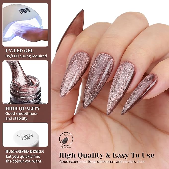 Cat Eye Gel Nail Polish, Crystal Galaxy Holographic Brown Cateye Gel Polish with Magnet, Silver Shimmer Glitter Velvet Soak Off UV LED Home Diy Manicure Fall Winter Colors GP0101