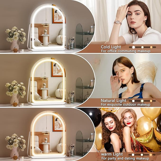 Hasipu Vanity Mirror with Lights, 11"× 14" Arched LED Makeup Mirror, Lighted Makeup Mirror with Lights, Smart Touch Control Dimmable 3 Modes Light 360°Rotation White