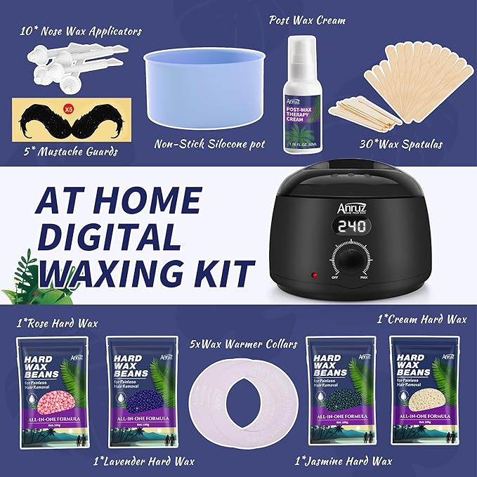 Waxing Kit for Women Men - Digital Wax Kit for Hair Removal with Post-Wax Cream, Silicone Bowl & 55 More Accessories, at Home Use Warmer for Body, Bikini, Eyebrow, Face, Sensitive Skin