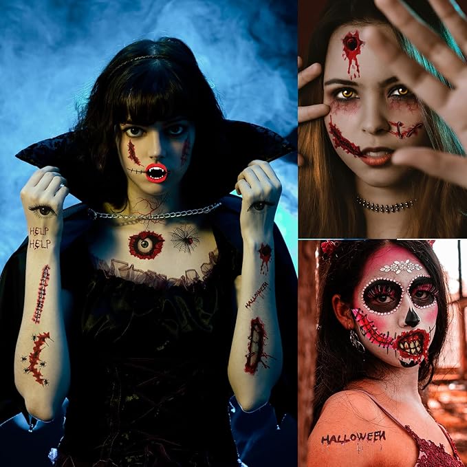 Halloween Horror Makeup Fake Scars Temporary Tattoos - 118 Pcs Realistic Bloody Stitches Wound Tattoo Stickers for Face & Body, Zombie, Chucky, Vampire Cosplay, Pranks & Masquerade Parties