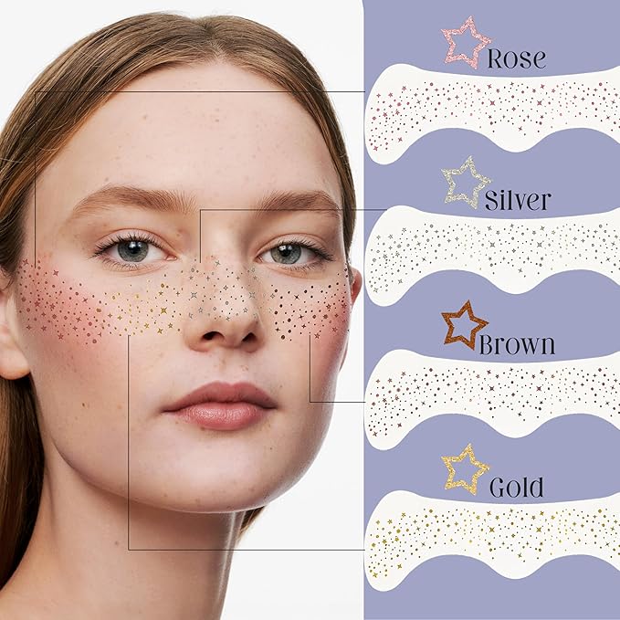 Glitter Freckles Face Tattoo, 10 Pcs Rose Gold Face Glitter Freckles for Women, Festival Outfits for Women Rave Accessories Fake Tattoos, Sparkle Makeup Patches, Waterproof Speckles Patches