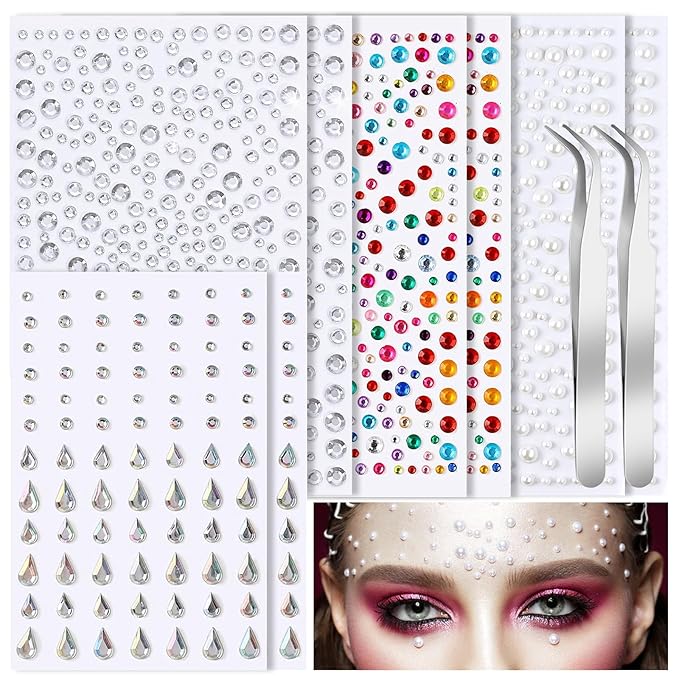 2 sets face gems, festive jewelry, hair accessory gems,pearl for face，gemstone self adhesive face，eyes, makeup, body adornment, essential items for party sparkle and style transformation