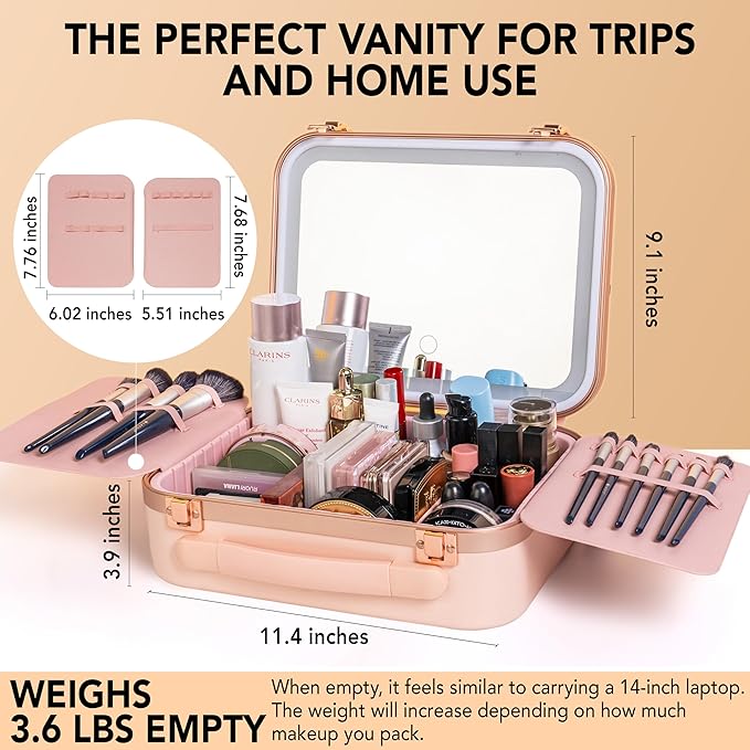 Lighted Makeup Case with Mirror - Standard Size 11.4" x 9" - Travel Makeup Case With Mirror - Rechargeable LED Travel Vanity Case with Adjustable Brightness - Train Case Makeup Bag - Pink