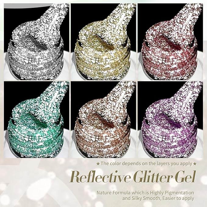 Born Pretty Reflective Glitter Gel Nail Polish, 6 Spring Summer Colors Holographic Gel Polish Long Lasting Sparkly Shiny Nail Polish U V Set for Manicure and Nail Art, DIY at Home, Salon-Quality 7ml