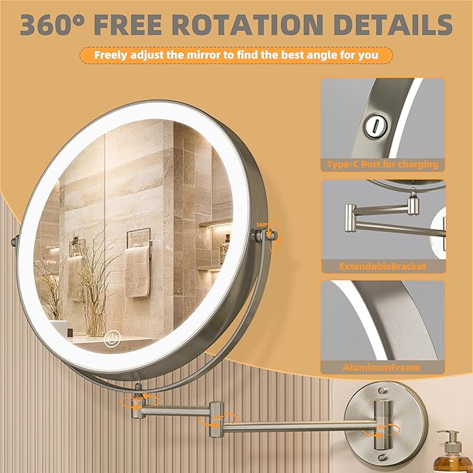 10" Wall Mounted Makeup Mirror with Light, 3000mAh Rechargeable Double Sided 1X / 10X Magnifying Vanity Mirror, 3 Color Lights Touch Dimmable 360° Rotation Bathroom Mirror, Nickel