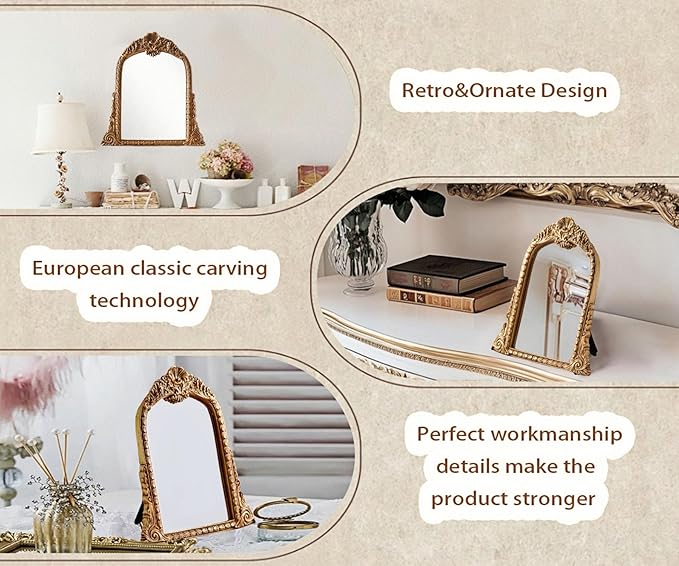 Small Gold Vintage Mirror, Antique Arched Tabletop Makeup Mirror, Hand-Carved Frame, 11" x 11.2" for Bedroom, Living Room, Vanity