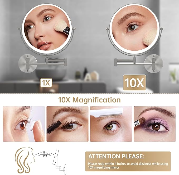 Hasipu 8.5-Inch Wall Mounted Makeup Mirror with Magnification, Rechargeable 2000 mAh Vanity Mirror with Lights, Bathroom Mirror with Dimmable Brightness, 3 Lighting Modes, Extendable Arm, Nickel