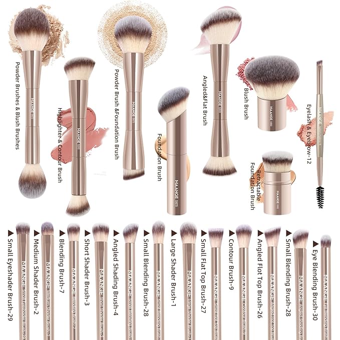 MAANGE 20 PCS Foundation Makeup Brush Set, Double-ended Kabuki Contour Brush for Liquid Powder Concealer Blending Blush Face Makeup Tools (Gold)