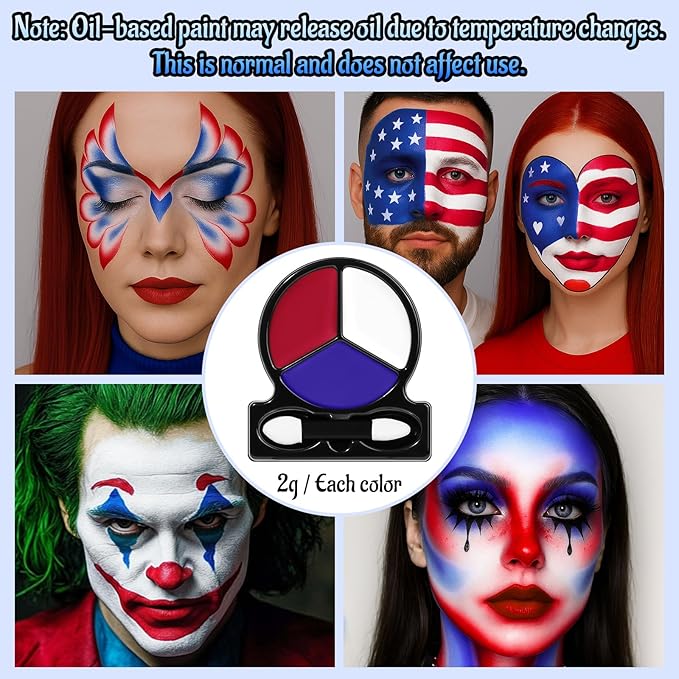 Red White Blue Face Body Paint with Applicator, Face Painting Kit for Halloween Crazy Clown Costume Makeup, US Flag Color 4th of July Independence Day America’s Patriotic Parades & Sports Eye Black