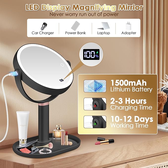 MIYADIVA Makeup Mirror with Lights, 30X/1X Magnifying Mirror with Digital Display, Height Adjustable Desk Mirror, Detachable for Travel, Vanity Mirror with Phone Holders and Tweezers, Black