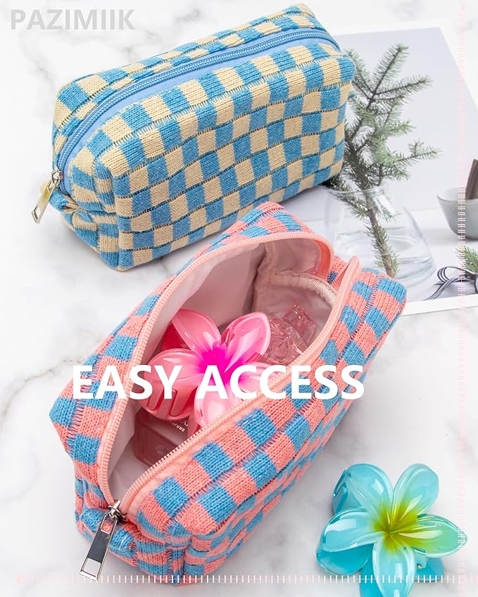 PAZIMIIK Checkered Makeup Bag for Purse Portable Zipper Make Up Pouch Small Cosmetic Case for Travel Red Blue