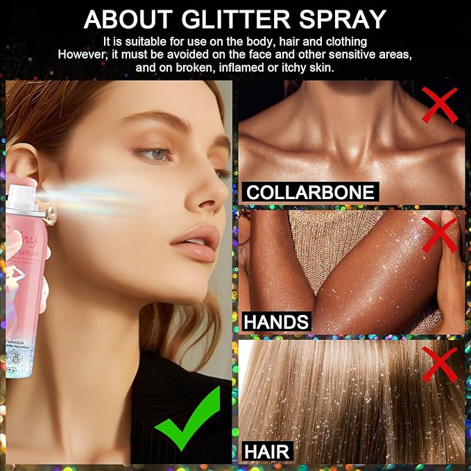 Hair and Body Glitter Spray – Holographic Body Glitter, Long-Lasting Quick-Dry Silver Glitter Hairspray, Shimmer Spray for Face, Clothes, Festival, Rave, Stage, Prom Party Makeup