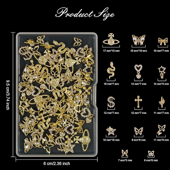 Artdone Nail Art Studs Kit, 3D Gold Cross Nail Charms and Diamond Butterfly Gems Bulk Nail Jewels Shiny Star and Moon for DIY Professional Manicures Decoration