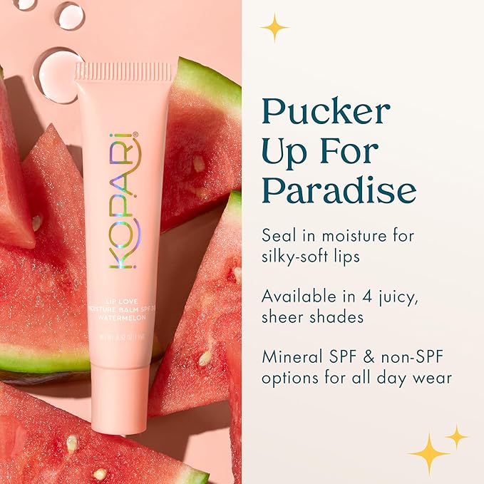 Kopari Lip Love Moisture Balm in Watermelon SPF 30, Tinted Mineral Lip Sunscreen with Ceramides & Squalane, Clean Vegan Hydrating Balm, 0.35 oz