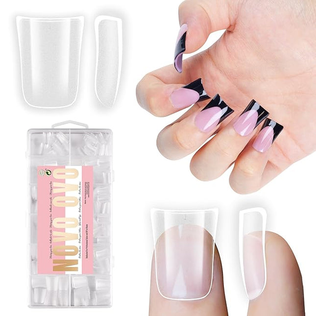 NOVO OVO Upgraded Extra Thick Short Duck Feet Nail Tips Full Cover for Press on Acrylic, Clear Pre-Etched Matter Flare Wide French Soft Gel Fake False Nail Extension Full Coverage x 12 Sizes 360 pcs