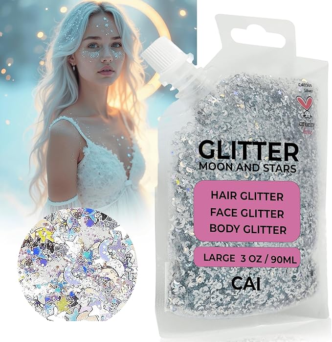 Face, Body & Hair Glitter Gel – Halloween Glitter for Kids and Women – 3 Oz Cosmetic-Grade Gel w/Moon & Stars for Festivals & Halloween Party, Easy Apply & Wash Off - Silver 2Pack