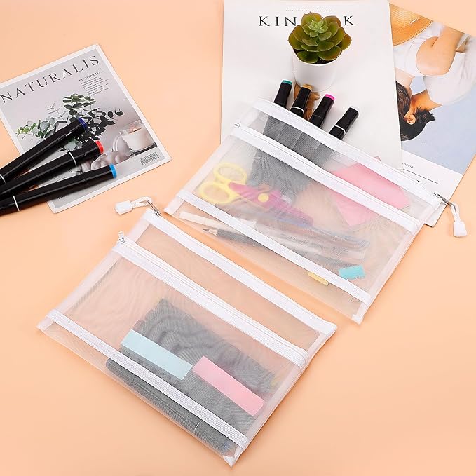 12 Pieces Zipper Nylon Mesh Pouch, Mesh Cosmetic Bags Makeup Bags Pencil Case, Multipurpose Travel Bags for Cosmetic School Office Supplies and Travel Accessories (2 Layers-White, A5)