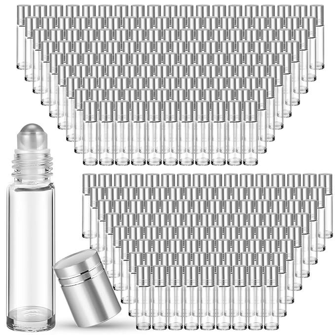 Sumind Essential Oil Roller Bottles - 250 Pcs, 10 ml Glass, Stainless Steel Roller Balls, Leakproof, Funnel Included(Clear with Silver Cap)