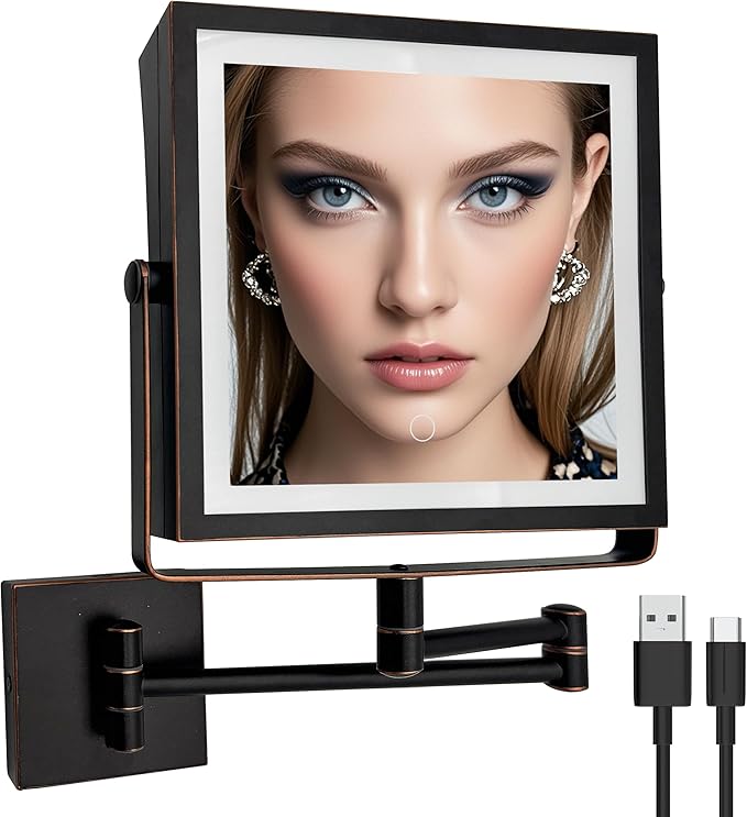 Ruacq Rechargeable Wall Mounted Makeup Mirror with Lights, Double Sided 1X/10X Magnifying Vanity Mirror with 3 Color Lights, Touch Screen Dimmable, 360° Rotation Foldable Arm (Oil Rubbed Bronze)