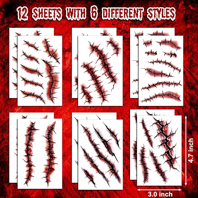 JCFIRE 12 Sheets Body Face Fake Scar Halloween Makeup Kit, Halloween Temporary Tattoos for Kids Adults, Zombie Costume Women Kids Stickers, Party Decorations Supplies Accessories