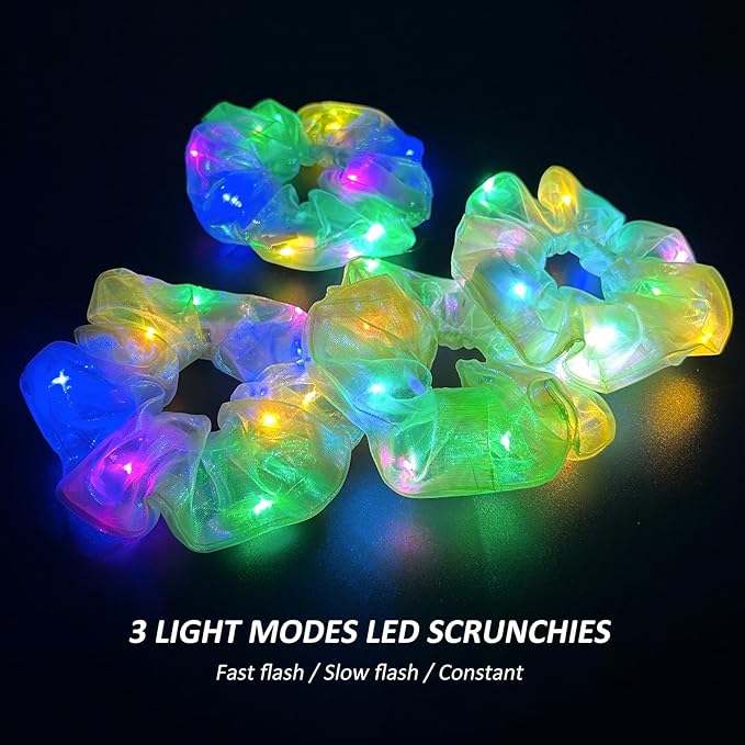 4Pcs Light Up Scrunchies Halloween Hair Tie, St Patricks Day Green LED Scrunchy Hair Elastic for Women & Girls, Glow in the Dark Party Supplies Party Favor Festival Rave Accessories