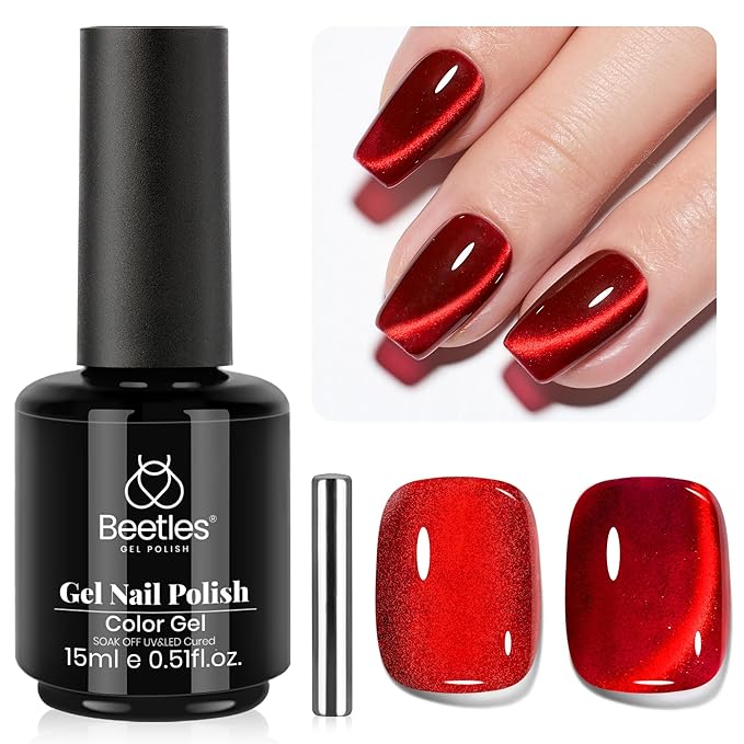 beetles Gel Polish Ruby Red Cat Eye Gel Nail Polish - 15ML Red Glitter Gel Polish Fall Nail Gel Magnetic Shimmer Effect Soak Off UV French Nail Art Design Salon DIY Manicure Gifts for Wome