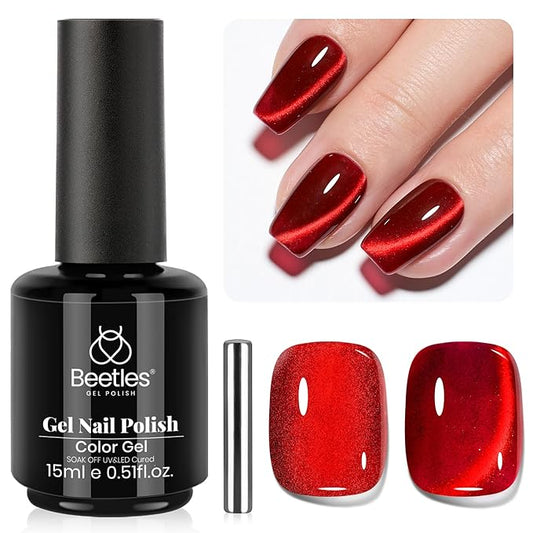 beetles Gel Polish Ruby Red Cat Eye Gel Nail Polish - 15ML Red Glitter Gel Polish Fall Nail Gel Magnetic Shimmer Effect Soak Off UV French Nail Art Design Salon DIY Manicure Gifts for Wome