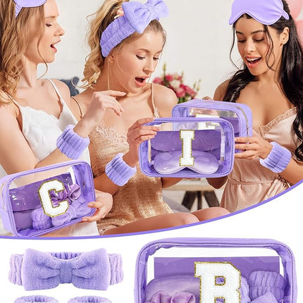 Gift Sets for Women, Initial Makeup Bag with Makeup Brush Set Bachelorette Party Favors, Purple Spa Kit with Skincare Headbands Wrist Bands Sleepover Party Supplies Gifts for Teen Girls Bridesmaid B