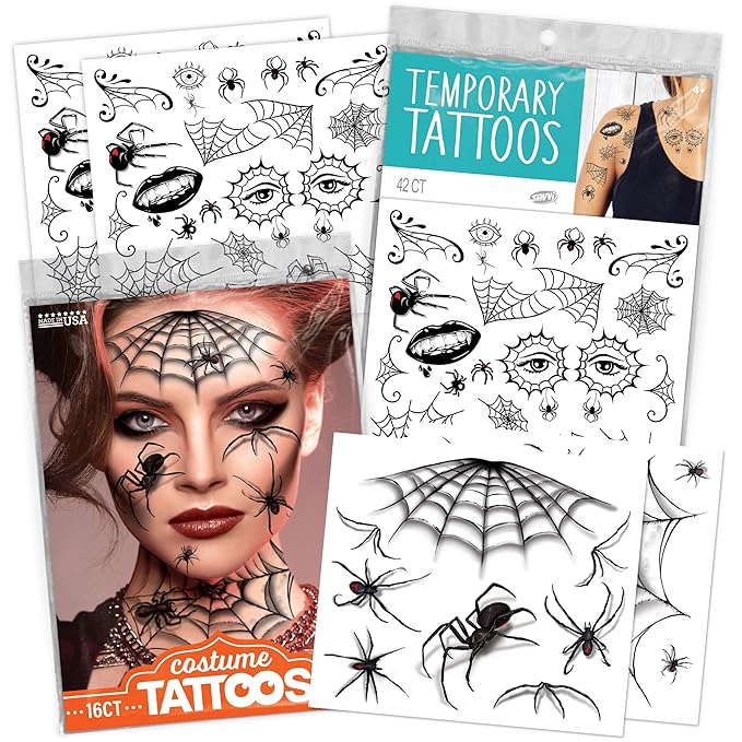 Assorted Spider Temporary Tattoos Variety Pack – Creepy Crawly Halloween Tattoos for Kids, 50+ Spooky Designs, Party Favors, Trick-or-Treat Handouts & Classroom Prizes