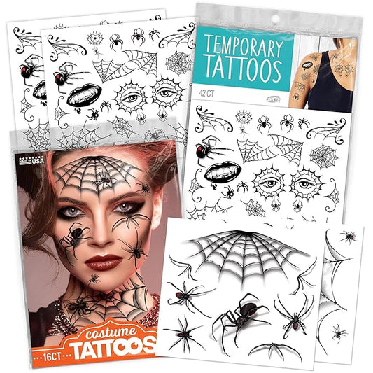 Assorted Spider Temporary Tattoos Variety Pack – Creepy Crawly Halloween Tattoos for Kids, 50+ Spooky Designs, Party Favors, Trick-or-Treat Handouts & Classroom Prizes