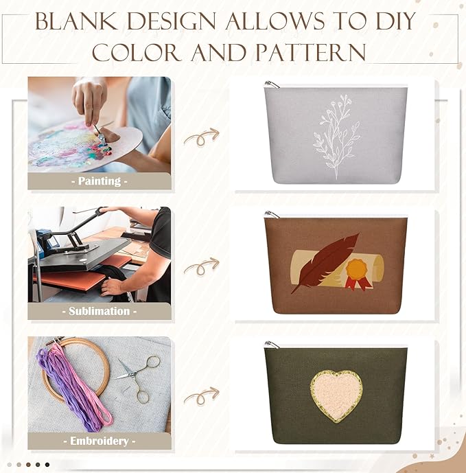 Reginary 10 Pcs Canvas Makeup Bags Bulk for Women Blank DIY Pencil Pouch Travel Toiletry Cosmetics Bags Gift for Christmas Breast Cancer Awareness Thanksgiving Wedding Nurses Teacher(Neutral Color)