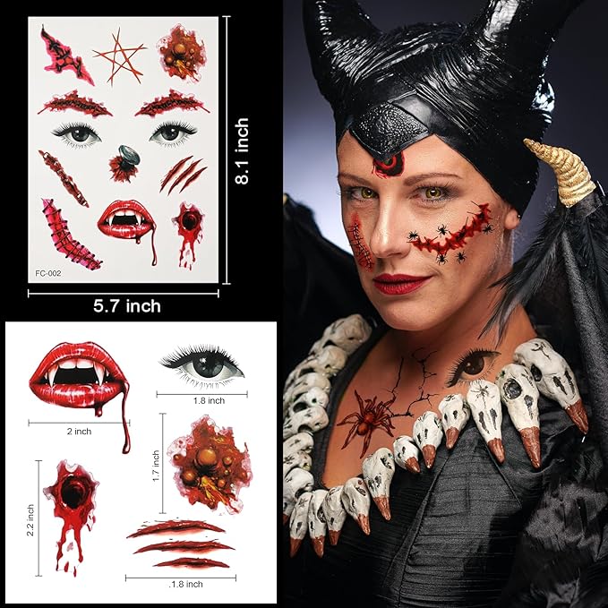 Halloween Horror Makeup Fake Scars Temporary Tattoos - 118 Pcs Realistic Bloody Stitches Wound Tattoo Stickers for Face & Body, Zombie, Chucky, Vampire Cosplay, Pranks & Masquerade Parties