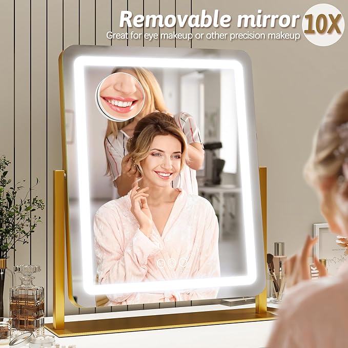 Vanity Mirror with Lights, 18"x22" LED Makeup Mirror with 10X Magnification, Smart Touch 3 Colors Dimmable, Light Up Mirror for Makeup Desk, 360° Rotation, Gold