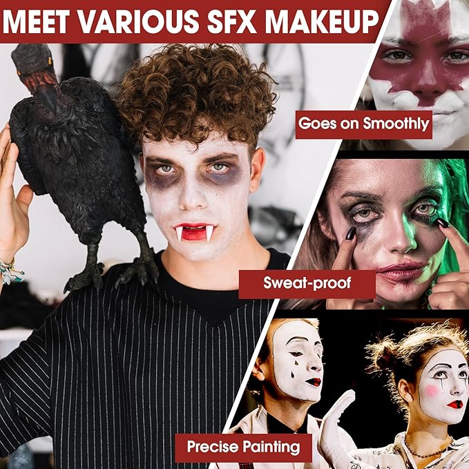 6 Colors Halloween Face Body Paint + 6pc Sponge + 3pc Brush, Colored Eye Black for Sport and Bruise SFX Makeup, Face Paint Kit for Zombie Clown Vampire Skeleton Joker Costume