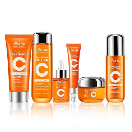 Glown 6-Piece Hydrating Skincare Set with Vitamin C & Niacinamide,Complete Face & Body Care Kit with Cleanser,Toner,Serum,Moisturizer,Eye Cream & Body Lotion | Valentine’s Day Skincare Gift for Women