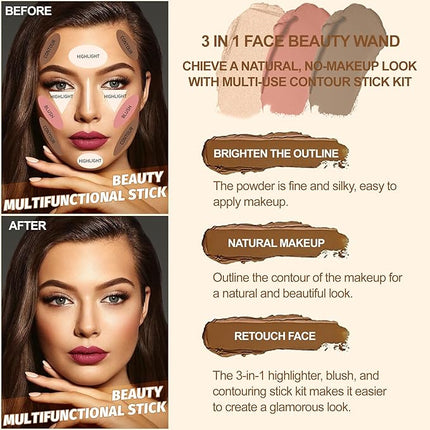 Lezero 3Pcs Contour Stick Makeup Kit, Shades with Highlighter, Blush and Bronzer Stick for Sculpt the Face and All Skin Type, Long Lasting, Smooth, Dewy & Matte Finish, MEDIUM