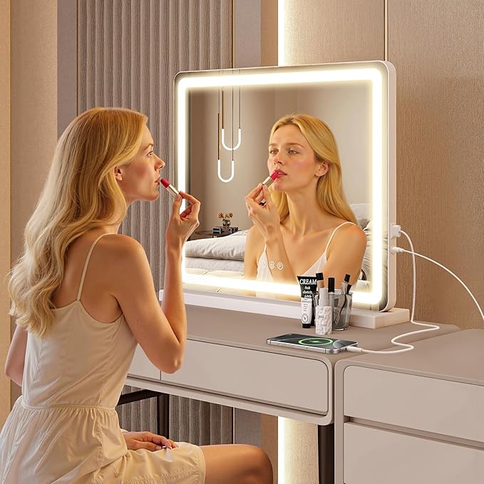 Sweetcrispy 19"x22" LED Vanity Mirror with Lights, Dimmable 3 Color Modes Makeup Mirror with Memory Function, USB Charging, Aluminum Frame, Lighted Mirror for Desk or Bedroom